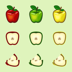 Vector set of isoated icons apples collection: red apple, green apple, yellow apple, sliced, half