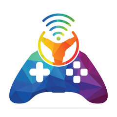 Steering wheel Joystick and wifi logo combination.  Game steering wheel concept logo vector design. 