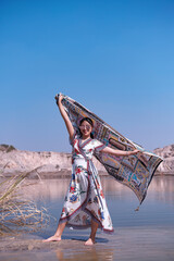 Beautiful girl on a hot day at a quarry of Thailand