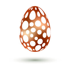 Metallic golden bronze Easter egg with shiny white polka dot pattern and shadow isolated on white background. Easter-egg hunt design. Vector illustration