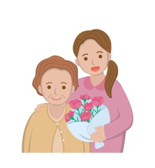 Mother's Day comic characters vector illustration, mother and daughter hugging, celebrating holiday with carnations