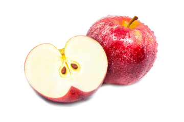 Vivid and fresh single and cut in half red apple on isolated background