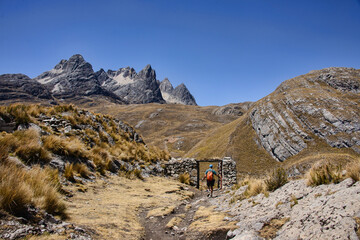 Trekking into the Uramasa community on the Cordillera Huayhuash circuit, Ancash, Peru