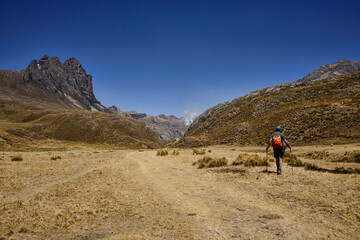 Fototapeta na wymiar Trekking into the Uramasa community on the Cordillera Huayhuash circuit, Ancash, Peru