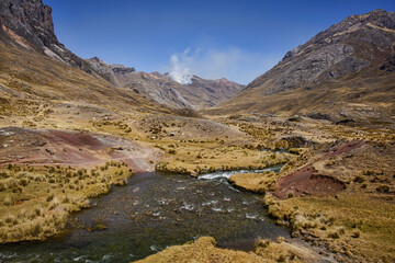 Beautiful sceneries along the Guñoc hot springs at Viconga on the Cordillera Huayhuash circuit, Ancash, Peru