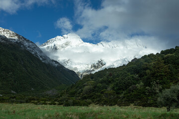 The snow and ice covered peaks of Mount Sefton and The Footstool in Aorangi/Mount Cook National Park, Canterbury, New Zealand.