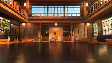 Interior Rendering of a Karate Dojo with Japanese Modern Style - Shallow Depth of Field - 3D Illustration.  Symbol on Wall Translates to "The Way".  Illustration without Reference.