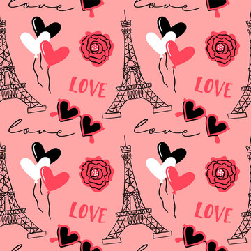 Love paris doodle cartoon seamless pattern