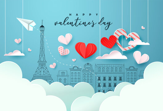 Valentine's Day paris doodle paper cut heart card