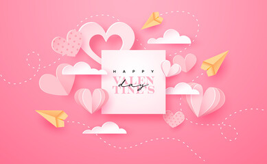 Valentine's Day pink paper cut heart plane card