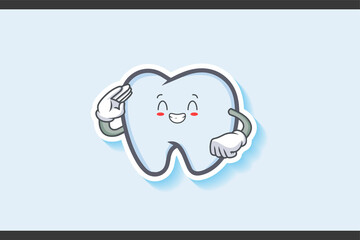 CONTENT, HAPPY , GRIN SMILE, cheerful Face Emotion. Salute, Respect Handgun Gesture. Tooth Cartoon Drawing Mascot Illustration.