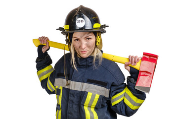 Young brave woman in uniform and hardhat of firefighter with axe on shoulders looking at camera on white background. Dirty face, clipping path