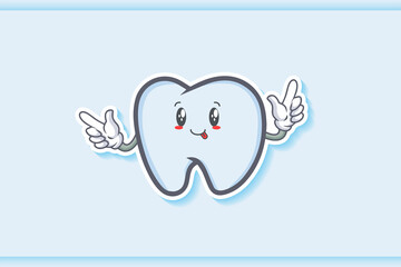 DUMB, FUNNY, TONGUE, CHEERFUL Face Emotion. Double Forefinger Handgun Gesture. Tooth Cartoon Drawing Mascot Illustration.