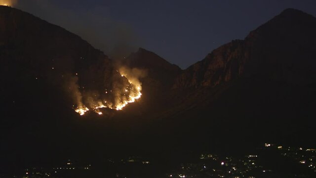 Wildfire Flames on Santa Catalina Mountains at Night, Burning Hills Above Tucson Arizona USA, Bighorn Fire June - July 2020