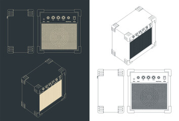 Guitar combo amplifier drawings - obrazy, fototapety, plakaty