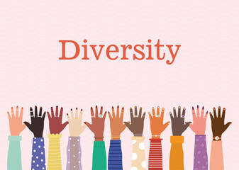 diversity lettering and set of arms with one hand and colored nails on a pink background