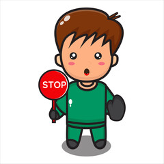 cute boy mascot with stop sign, cartoon male character vector eps 10 on white background