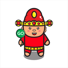 mascot illustration of god of prosperity cute with go sign, cute character of chinese god of prosperity vector eps 10 on white background