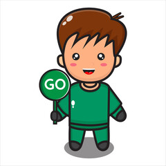 cute boy mascot with go sign, cartoon male character vector eps 10 on white background