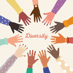 diversity lettering and diversity of united hands in the center