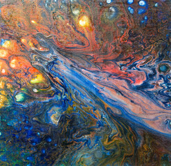 Abstract textural space liquid fluid background in orange red blue turquoise colors