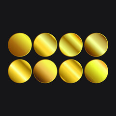 Gold round vector icon collection. Light, realistic, elegant, shiny, metallic and golden gradient illustration. Mesh material. Eps 10 vector illustration.