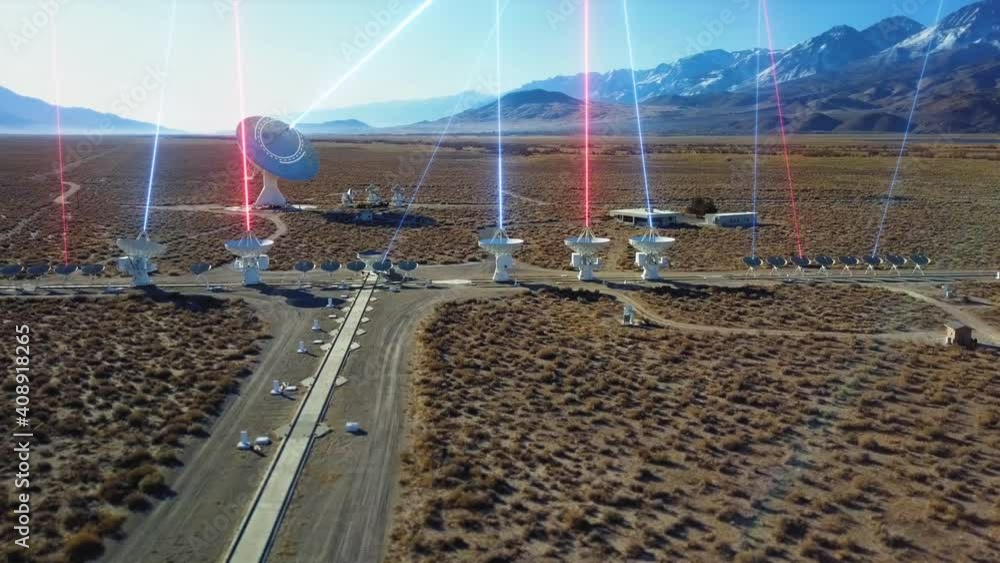 Poster aerial view around receivers , sending distribution signals to the space - 3d animation