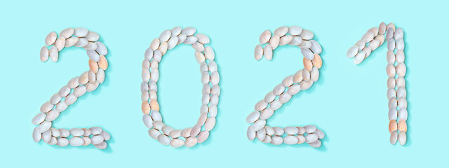 Figure 2021 laid out of small similar natural seashells on blue paper. Summer design concept with shells