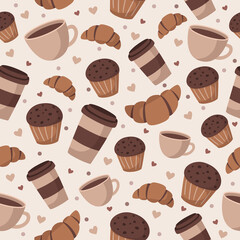 Desserts and sweets seamless pattern. Vector illustration print of coffee and croissants
