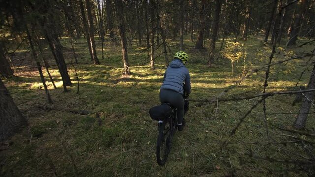 The woman travel on mixed terrain cycle touring with bike bikepacking outdoor. The traveler journey with bicycle bags. Stylish bikepacking, bike, sportswear in green black colors. Magic forest park.