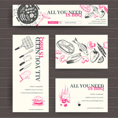 Vector ready design template for grill restaurant, all for BBQ shop. Site header, business card, brochure and flyer. Doodle style, bright colors. - 408924016