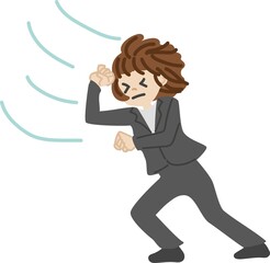 強い風に耐えるスーツの女性のイラスト