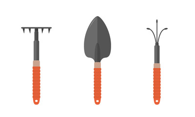 Garden tools. Shovel, rake and hand cultivator isolated on white background. Vector illustration in flat cartoon style. Domestic orangery and care concept. Gardening and farming hobbies.