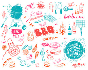 BBQ doodle set. Different elements, food, vegetables, fish and meat, equipment. Vector illustration. - 408924089