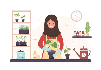 Planting at home. Cartoon islamic woman replanting seedling in orangery. Gardening hobby. Vector illustration in flat style. Domestic plants nursery and care concept.