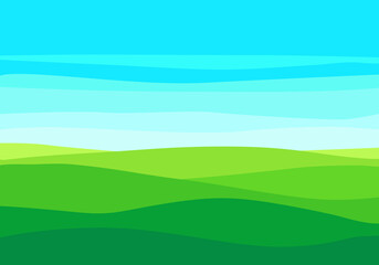 Obraz na płótnie Canvas Empty green field and blue sky on a sunny summer day. Flat meadow landscape with grass. Farm valley landscape. Green hills landscape background, empty glade template. Vector grass fields landscape. 
