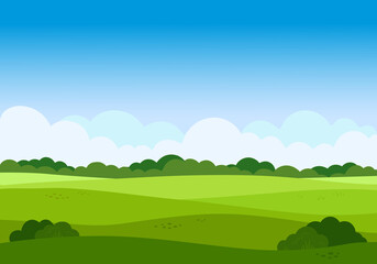 Vector cartoon meadow landscape with grass. Blue sky with white clouds. Flat valley landscape. Empty green field with trees on sunny summer day. Green hills landscape background, empty glade template. - obrazy, fototapety, plakaty