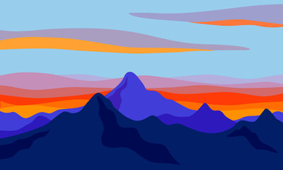 Mountains Landscape background in banner flat style. Blue mountains against a beautiful sunrise or sunset. Vector poster design. Stylized peaks rock and clouds. Abstract printable modern wall art.