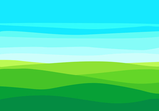 Empty green field and blue sky on a sunny summer day. Flat meadow landscape with grass. Farm valley landscape. Green hills landscape background, empty glade template. Vector grass fields landscape. 