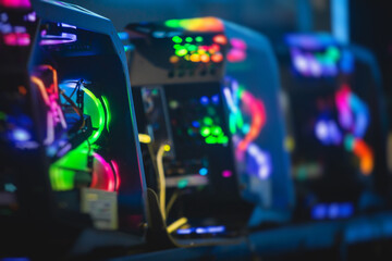 View of Gaming PC with rgb led lights, powerful high end personal computer, assembled with hardware components, at home or in cybersport arena