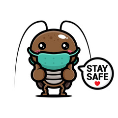 Obraz premium Vector design of cute cockroach wearing mask with stay safe text