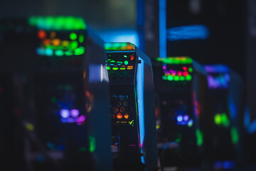 View of Gaming PC with rgb led lights, powerful high end personal computer, assembled with hardware components, at home or in cybersport arena