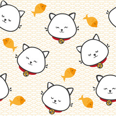 Cute cat and fish seamless pattern vector. 