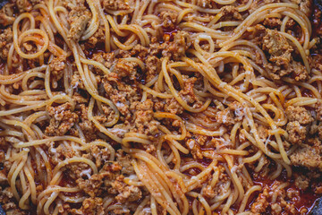 Pasta bolognese pan, homemade prepared close up view, classic italian spaghetti noodle with minced meat beef, tomato sauce and parmesan cheese