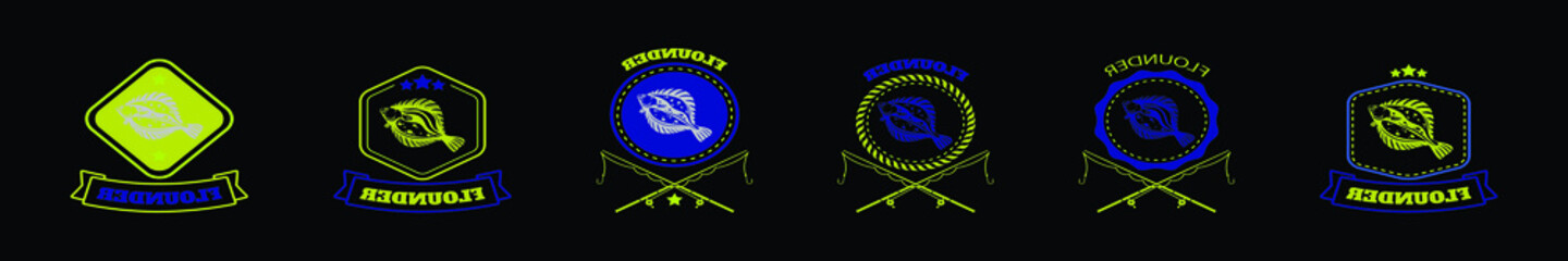 set of flounder fish logo cartoon icon design template with various models. vector illustration isolated on black background