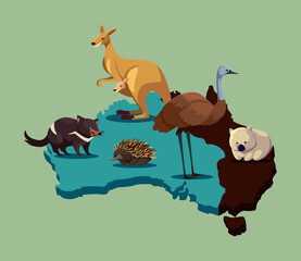 map of Australia with cute animals wildlife