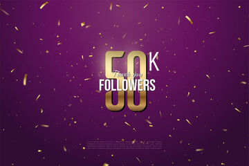 Thank you to 50k followers with gold numbers on a purple background with gold spots.
