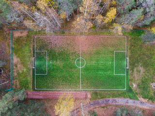 Aerial drone view of football soccer pitch field, green grass fall autumn vibrant pitch playground with fallen multicolored leaves in the forest, hidden in the woods © tsuguliev