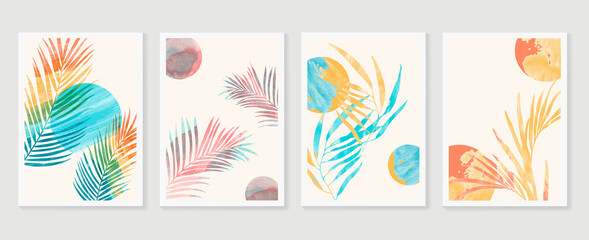 summer tropical wall arts vector. Palm leaves, monstera leaf, Botanical  background design for wall framed prints, canvas prints, poster, home decor, cover, wallpaper.