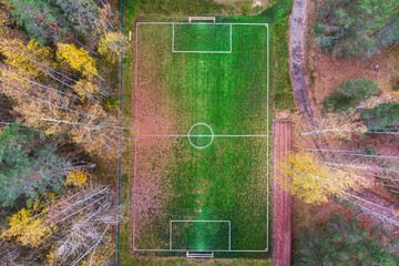 Aerial drone view of football soccer pitch field, green grass fall autumn vibrant pitch playground with fallen multicolored leaves in the forest, hidden in the woods © tsuguliev